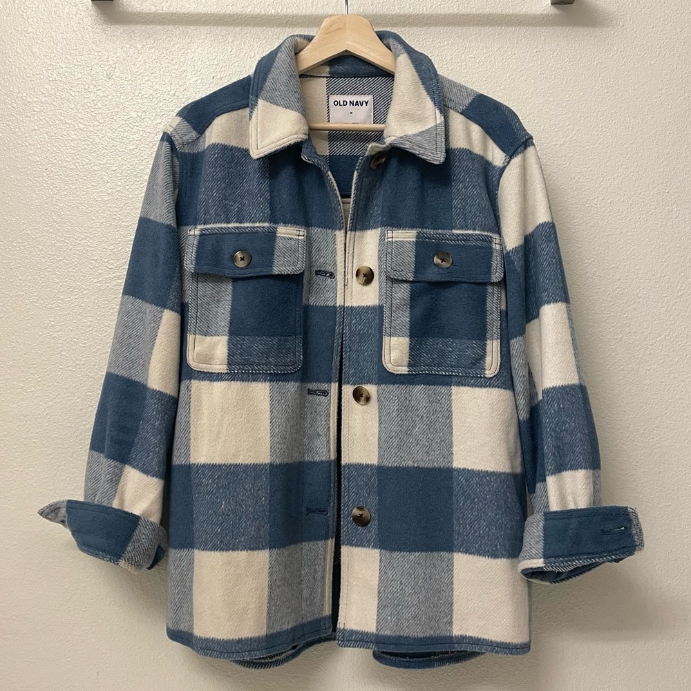 Old Navy Shacket Shirt Jacket Blue Buffalo Plaid